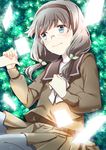  blue_eyes blush brown_hair card crying crying_with_eyes_open glasses hair_ribbon hairband holding_hands light_smile long_hair long_sleeves mitsuki_meiya out_of_frame pantyhose ribbon school_uniform selector_wixoss skirt solo_focus tears twintails uemura_hitoe wixoss 