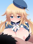  1girl absurdres atago_(kantai_collection) bad_id bad_pixiv_id blonde_hair blush breasts green_eyes hat highres kantai_collection large_breasts long_hair military military_uniform nase nipples solo_focus torn_clothes uniform 