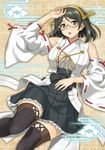  bare_shoulders blue_eyes boots breasts brown_hair detached_sleeves glasses headdress hida_tatsuo highres kantai_collection kirishima_(kantai_collection) large_breasts no_legwear open_mouth pleated_skirt short_hair skirt solo thigh_boots thighhighs 