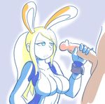  1boy 1girl animal_ears blue_eyes bunny_ears clothed_female_nude_male drooling fupoo handjob metroid open_mouth parody penis ponytail samus_aran super_smash_bros. uncensored zero_suit 