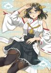  bare_shoulders blue_eyes boots breasts brown_hair detached_sleeves glasses headdress hida_tatsuo highres kantai_collection kirishima_(kantai_collection) large_breasts open_mouth pantyhose pleated_skirt short_hair skirt solo thigh_boots thighhighs 