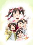 3girls :d \m/ ^_^ absurdres ajishio bad_id bad_pixiv_id black_hair blush bow brother_and_sister choker closed_eyes double_\m/ dress gloves grin hair_bow highres idol long_hair love_live! love_live!_school_idol_project microphone multiple_girls nico_nico_nii open_mouth red_dress red_eyes short_hair siblings sisters skirt smile twintails white_gloves yazawa_kokoa yazawa_kokoro yazawa_kotarou yazawa_nico 