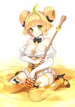  bare_shoulders blonde_hair blush bow bowtie breasts bridal_gauntlets cleavage detached_collar detached_sleeves double_bun earrings green_eyes hair_bow high_heels honey honey_dipper jewelry large_breasts looking_at_viewer nardack orange_(color) original personification short_hair sitting solo thighhighs wariza white_legwear 