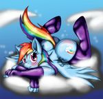  anthro anthrofied blue_fur blush butt cloud cutie_mark elbow_gloves equine female fingerless_gloves friendship_is_magic fur gloves hair horse legwear looking_at_viewer mammal multi-colored_hair my_little_pony pegasus pink_eyes pony rainbow_dash_(mlp) solo stockings suirano thigh_highs wings 