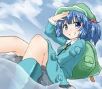  backpack bag blue_eyes blue_hair blue_sky boots cloud day grin hair_bobbles hair_ornament hand_on_own_head hat kawashiro_nitori key looking_at_viewer natsu_no_koucha short_hair sitting sitting_on_rock skirt sky smile solo touhou two_side_up water 