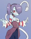  1girl blue_hair blue_skin bone bones breasts detached_sleeves female kurokuro_(pmnovel) leviathan_(skullgirls) lowres monster_girl parasite red_eyes short_hair side_ponytail sideboob skeleton skullgirls smile squigly_(skullgirls) stitched_mouth stitches yellow_eyes zombie 