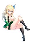  bad_id bad_pixiv_id blonde_hair blue_eyes blush boku_wa_tomodachi_ga_sukunai breasts butterfly_hair_ornament cleavage hair_ornament hand_on_own_knee kashiwazaki_sena kneehighs large_breasts long_hair looking_at_viewer mouth_hold necktie odibil open_clothes open_shirt plaid plaid_skirt school_uniform shirt skirt smile solo st._chronica_academy_uniform untied 