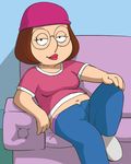  1girl beanie belly breasts brown_hair couch family_guy glasses haruyama_kazunori hat lipstick makeup meg_griffin panties pants pink_panties plump shirt shoes short_hair smile solo underwear 