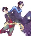 2boys batman_(series) belt black_hair blue_eyes bodysuit boots brothers cape dc_comics dick_grayson family gauntlets gloves hand_on_head male male_focus multiple_boys nightwing robin_(dc) siblings smile tim_drake wink 