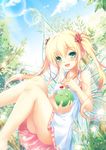  bad_id bad_pixiv_id blonde_hair cherry day dress food fruit green_eyes highres insect_wings legs long_hair mutsuba_fumi original sky smile solo twintails wings 