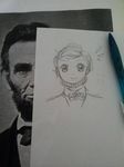  abraham_lincoln beard black_hair comparison facial_hair flandre495 looking_at_viewer male_focus mechanical_pencil monochrome oota_jun'ya_(style) paper parody pencil photo_(object) real_life short_hair smile style_parody traditional_media 
