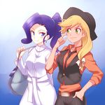  applejack bag belt blonde_hair blue_eyes blue_hair blush cowboy_hat dress earrings green_eyes hand_in_pocket hat jewelry long_hair long_sleeves multiple_girls my_little_pony my_little_pony_friendship_is_magic orange_shirt pants personification ponytail rarity rex_k shirt smile vest white_dress 