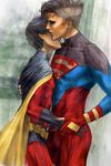  2boys batman_(series) belt black_hair blue_eyes bodysuit cape carry carrying dc_comics earrings fingerless_gloves flying gauntlets gloves hug jewelry male male_focus multiple_boys robin_(dc) superboy superman_(series) tim_drake yaoi young_justice 