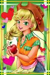  :d apple applejack argyle arinko_(sugolife) blonde_hair character_name cowboy_hat denim food freckles fruit green_background green_eyes hat heart highres holding jeans long_hair looking_at_viewer my_little_pony my_little_pony_friendship_is_magic open_mouth pants personification shirt smile solo 