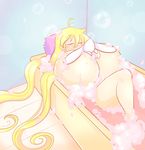  1girl absurdres ahoge bathing bathroom between_breasts blonde_hair breasts bunny cassie_(theycallhimcake) eyes_closed foam highres huge_breasts long_hair nude original pillow rabbit sleeping soap theycallhimcake tube 