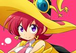  2013 dated earrings feylin hat jewelry looking_at_viewer necktie pink_background purple_eyes red_hair short_hair smile solo sunglasses take_no_ko tanken_driland witch_hat 