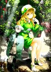  ahoge blonde_hair blush breasts eating flower food green_eyes ground_vehicle hat highres hoshii_miki idolmaster idolmaster_(classic) long_hair medium_breasts motor_vehicle namidate onigiri scooter skirt smile solo vespa 