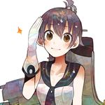  bare_shoulders brown_eyes brown_hair cannon itomugi-kun kantai_collection sakawa_(kantai_collection) salute short_hair smile solo turret 