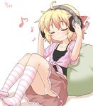  ahoge alternate_costume blonde_hair blush camisole closed_eyes headphones listening_to_music musical_note natsu_no_koucha panties pantyshot pantyshot_(sitting) pillow rumia short_hair simple_background sitting skirt smile solo striped striped_legwear thighhighs touhou underwear white_background white_panties 