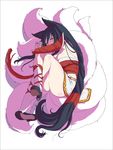  ahri animal_ears ass black_hair crossed_legs detached_sleeves dress fox_ears fox_tail full_body ieung-isegae league_of_legends long_hair long_sleeves looking_at_viewer multiple_tails shoes socks solo strapless strapless_dress tail very_long_hair white_background yellow_eyes 