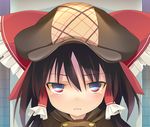  alternate_costume bow cabbie_hat close-up hair_bow hair_ornament hair_ribbon hair_tubes hakurei_reimu hat open_mouth ribbon simple_background solo tororo touhou 