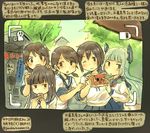  bangs black_hair blunt_bangs brown_eyes brown_hair colored_pencil_(medium) dated eating fubuki_(kantai_collection) hair_ribbon hands_on_another's_head hatsuyuki_(kantai_collection) kantai_collection kirisawa_juuzou long_hair looking_at_viewer miyuki_(kantai_collection) multiple_girls murakumo_(kantai_collection) neckerchief numbered odd_one_out one_eye_closed ribbon school_uniform serafuku shirayuki_(kantai_collection) silver_hair traditional_media translation_request twintails twitter_username viewfinder 