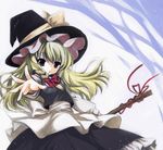  apron blonde_hair bow braid broom broom_ribbon grey_eyes hair_bun hat hat_bow kirisame_marisa long_hair long_sleeves looking_at_viewer outstretched_arm outstretched_hand shirt single_braid skirt skirt_set solo touhou vest waist_apron witch_hat yutamitan 