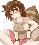  animal_ears bare_arms blush bracelet breasts brown_eyes brown_hair collarbone futatsuiwa_mamizou glasses grin indian_style jewelry large_breasts leaf leaf_on_head looking_at_viewer natsu_no_koucha no_bra one_eye_closed raccoon_ears raccoon_tail shirt sideboob simple_background sitting skirt sleeveless sleeveless_shirt smile solo tail tanuki touhou white_background 