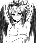  areolae blush breasts duel_monster fabled_grimro greyscale hair_ornament large_breasts monochrome nude pataniito solo wings yuu-gi-ou 