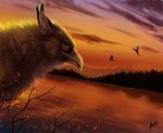  avian bird cloud detailed detailed_background evening feral green_eyes gryphon johis lake looking_at_viewer nature outside sky sunset tree water wings 
