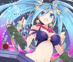  alternate_costume arcade_sona arm_warmers asamiyajy blue_eyes blue_hair blue_nails blush bra bra_peek breasts cleavage crop_top earrings fingerless_gloves gloves jewelry lace lace-trimmed_bra league_of_legends long_hair looking_at_viewer medium_breasts nail_polish navel open_mouth purple_bra smile solo sona_buvelle sparkle star twintails underwear 