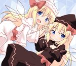 black_dress blonde_hair blue_eyes bow capelet dress dual_persona fairy_wings hat hat_bow holding_hands interlocked_fingers lily_black lily_white long_hair long_sleeves looking_at_viewer multiple_girls natsu_no_koucha open_mouth sash smile touhou very_long_hair white_dress wide_sleeves wings 