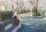  blonde_hair blue_eyes blush cherry_blossoms looking_at_viewer naruse_chisato original scenery school_uniform serafuku sitting solo 