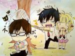  ao_no_exorcist butterfly_net chibi fang glasses hand_net moriyama_shiemi necktie net okumura_rin okumura_yukio ribbon school_uniform 