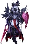  angel armor bare_shoulders black_wings blush chain choker dark_valkyrie_(monster_girl_encyclopedia) droplet fallen_angel full_body gauntlets heart highres kenkou_cross long_hair looking_at_viewer monster_girl monster_girl_encyclopedia multiple_wings navel official_art pale_skin pauldrons pointy_ears shield silver_hair simple_background skirt smile solo sword valkyrie weapon white_background wings 