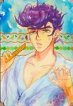  bathrobe comb higashikata_jousuke jojo_no_kimyou_na_bouken male_focus messy_hair pompadour purple_hair sagi solo 