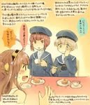  :d bare_shoulders baumkuchen blue_eyes brown_hair cake clothes_writing colored_pencil_(medium) cup dated double_bun dress eating food fork hairband hand_on_own_cheek hand_on_own_face hat headgear japanese_clothes kantai_collection kirisawa_juuzou kongou_(kantai_collection) long_hair multiple_girls neckerchief nontraditional_miko numbered open_mouth sailor_dress sailor_hat short_hair smile teacup traditional_media translation_request twitter_username z1_leberecht_maass_(kantai_collection) z3_max_schultz_(kantai_collection) 