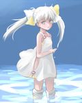  ababarion dress hair_ribbon no_panties open_mouth ribbon silver_eyes sleeveless solo tama_(wixoss) thighhighs twintails water white_dress white_hair white_legwear wixoss 