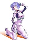  arm_up ayanami_rei bangs blue_hair bodysuit bracer breasts covered_nipples full_body gloves gradient hair_between_eyes hair_ornament hand_on_own_thigh headgear highres itsuki_(otsugei) kneeling looking_to_the_side neon_genesis_evangelion parted_lips pilot_suit plugsuit rebuild_of_evangelion red_eyes short_hair simple_background small_breasts solo turtleneck white_background white_bodysuit zipper 
