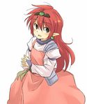  arara_milk blush long_hair looking_at_viewer ng_knight_lamune_&amp;_40 pointy_ears red_hair simple_background smile solo white_background yudepii 