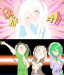  &gt;_&lt; 2girls ;q andreahedgehog bakyu-n!! black_hair blonde_hair blush brown_hair closed_eyes green_hair hood hoodie kagerou_project kano_shuuya kido_tsubomi kozakura_marry long_hair multiple_boys multiple_girls one_eye_closed parody seto_kousuke short_hair smile style_parody tears tongue tongue_out yuru_yuri 