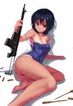  aps_rifle barefoot black_hair blush competition_school_swimsuit fangdan_runiu gun looking_at_viewer one-piece_swimsuit one-piece_tan original red_eyes rifle simple_background sketch solo strap_slip swimsuit tan tanline weapon wet white_background 