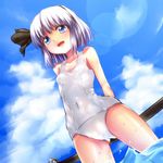  blue_eyes cloud day konpaku_youmu one-piece_swimsuit open_mouth outdoors school_swimsuit sky smile solo swimsuit touhou white_hair white_school_swimsuit white_swimsuit 