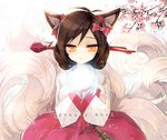  ahri alternate_costume alternate_hairstyle animal_ears antenna_hair asamiyajy bangs black_hair bow breasts character_name cherry_blossoms dynasty_ahri facial_mark fox_ears fox_tail glowing hair_bow hair_bun hair_ornament hair_stick korean_clothes large_breasts league_of_legends light_smile long_sleeves looking_down magic multiple_tails orange_eyes orb petals pink_skirt shirt short_hair skirt sleeves_past_wrists smile solo tail whisker_markings white_shirt 