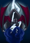  blue_hair blue_skin demon_girl demon_wings dress dress_tug duel_monster fabled_krus green_eyes hair_over_one_eye holding holding_hair horns solo tensama_(ten2009) upside-down wings yuu-gi-ou 