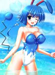  animal_ears azumarill blue_eyes blue_hair breasts bunny_ears covered_nipples gen_2_pokemon highleg highleg_swimsuit highres large_breasts one-piece_swimsuit one_eye_closed personification pokemon short_hair solo swimsuit tail wading water yukimura_chisa 
