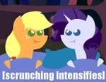  applejack_(mlp) bed bed_sheet blonde_hair blue_eyes covers curly_hair duo earth_pony equine eye_contact freckles friendship_is_magic fur green_eyes hair horn horse mammal mrponiator my_little_pony orange_fur pillow pony purple_hair rarity_(mlp) scrunchy_face sheet text unicorn unknown_artist white_fur 