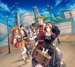  alan_richard bow bow_(weapon) crossbow eiyuu_densetsu estelle_bright fingerless_gloves gloves green_eyes green_hair highres joshua_astray kevin_graham long_hair luggage multiple_girls nun official_art orange_skirt polearm red_hair renne ries_argent short_hair skirt sora_no_kiseki staff suitcase sword thighhighs twintails weapon 