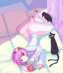  bad_id bad_pixiv_id bed bird cat eyes grin hairband heart highres kaenbyou_rin kaenbyou_rin_(cat) komeiji_satori lying numako on_side pillow pink_eyes pink_hair reiuji_utsuho reiuji_utsuho_(bird) short_hair slippers smile touhou 