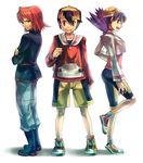  2boys ass backpack backwards_hat bag baseball_cap bike_shorts black_hair blue_eyes blue_hair brown_eyes crystal_(pokemon) gold_(pokemon) hair_through_headwear hat multiple_boys pokemon pokemon_(game) pokemon_gsc red_hair silver_(pokemon) tomone twintails 